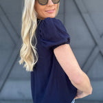 Eyelet Yoke Detail Puff Sleeve Top In Navy - Infinity Raine