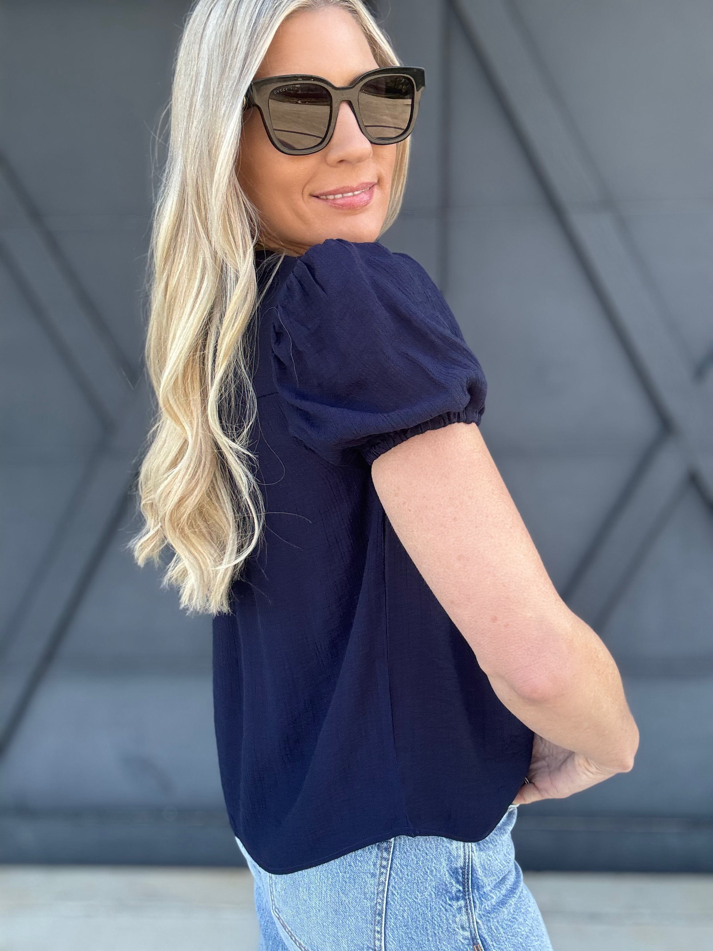 Eyelet Yoke Detail Puff Sleeve Top In Navy - Infinity Raine