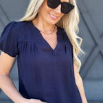 Eyelet Yoke Detail Puff Sleeve Top In Navy - Infinity Raine