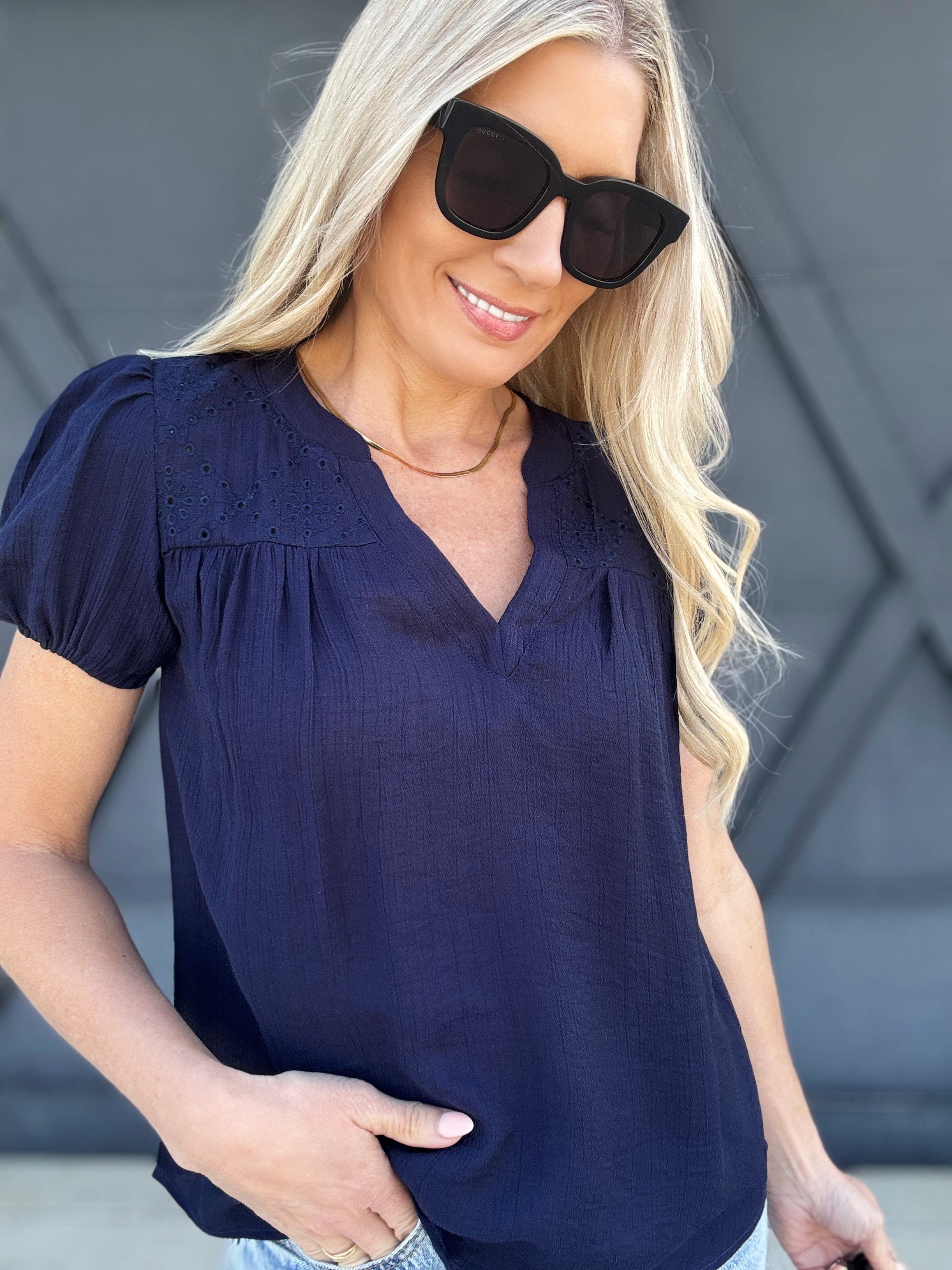 Eyelet Yoke Detail Puff Sleeve Top In Navy - Infinity Raine