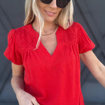 Eyelet Yoke Detail Puff Sleeve Top In Red - Infinity Raine
