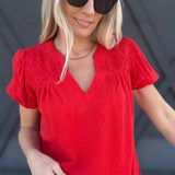 Eyelet Yoke Detail Puff Sleeve Top In Red - Infinity Raine
