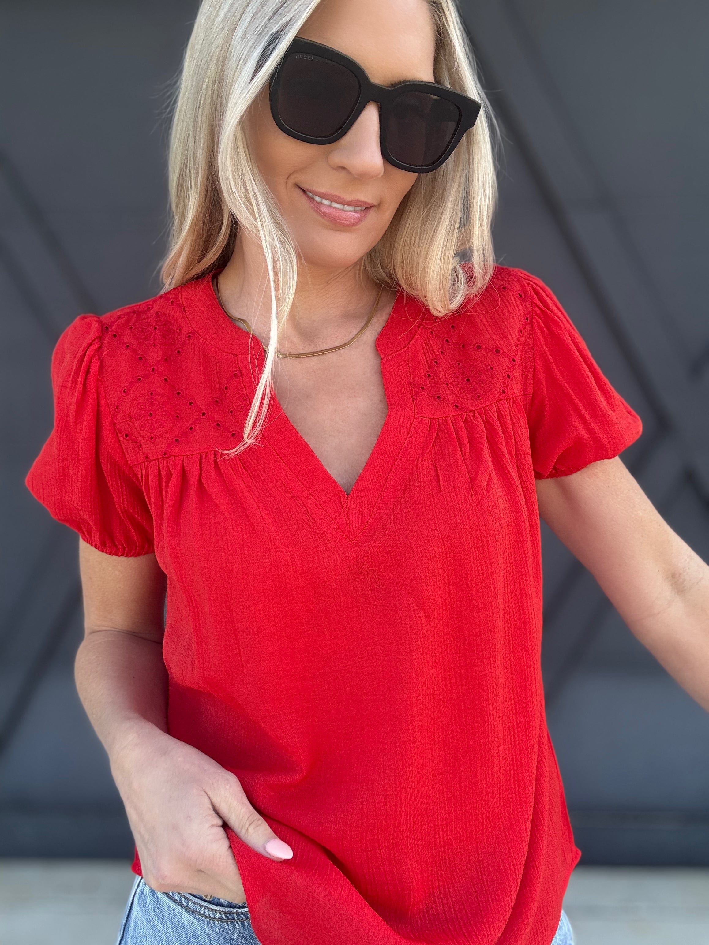 Eyelet Yoke Detail Puff Sleeve Top In Red - Infinity Raine