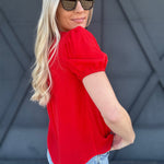 Eyelet Yoke Detail Puff Sleeve Top In Red - Infinity Raine