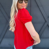 Eyelet Yoke Detail Puff Sleeve Top In Red - Infinity Raine