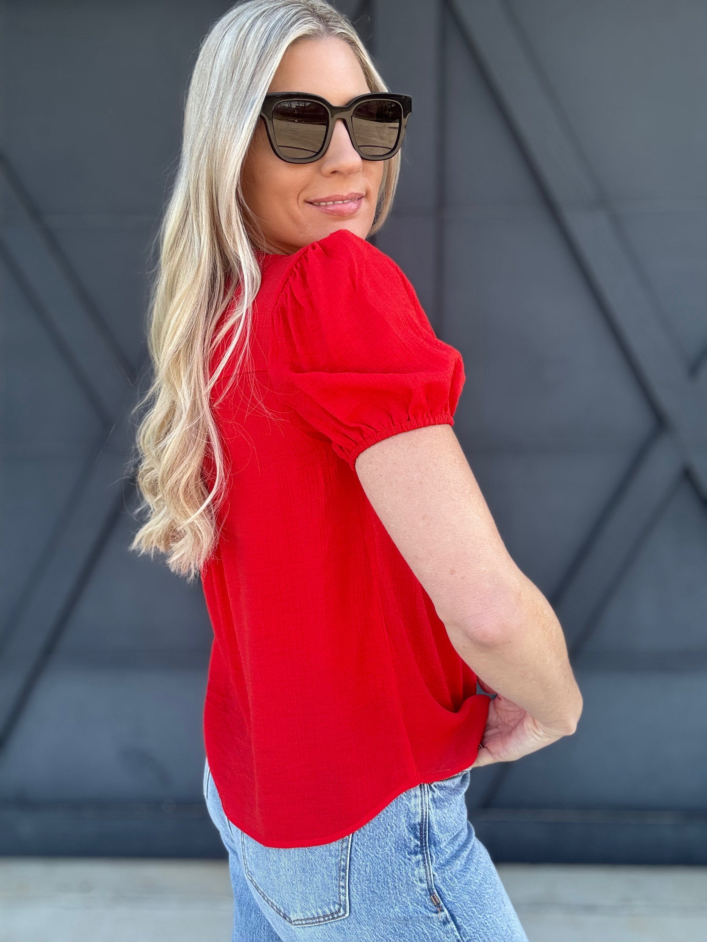 Eyelet Yoke Detail Puff Sleeve Top In Red - Infinity Raine