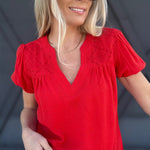 Eyelet Yoke Detail Puff Sleeve Top In Red - Infinity Raine