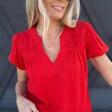 Eyelet Yoke Detail Puff Sleeve Top In Red - Infinity Raine