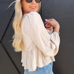 blu pepper Tops - Blouses Floral Eyelet Embroidery Front Tie Long Sleeve Top In Ivory