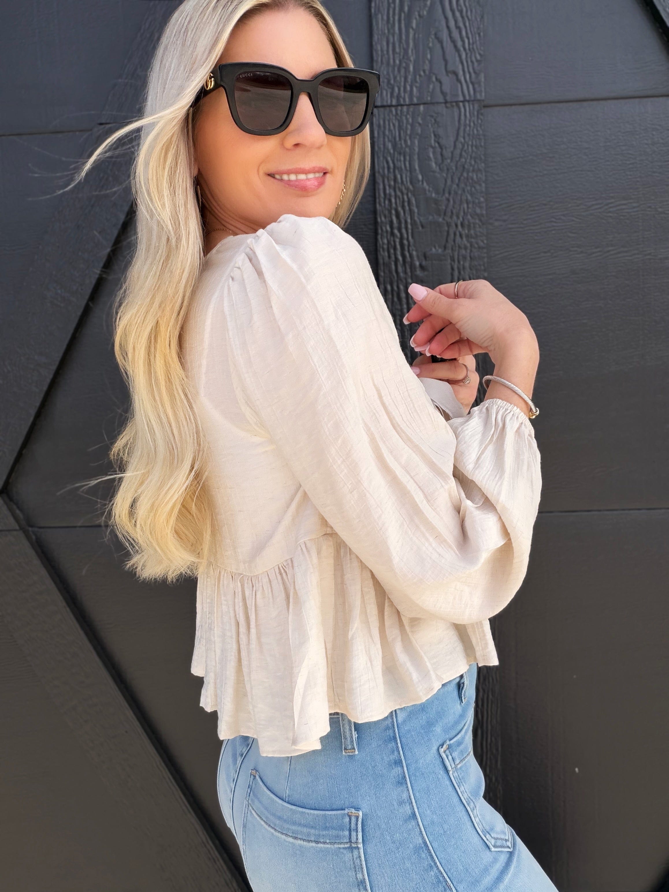 blu pepper Tops - Blouses Floral Eyelet Embroidery Front Tie Long Sleeve Top In Ivory