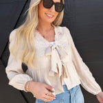 blu pepper Tops - Blouses Floral Eyelet Embroidery Front Tie Long Sleeve Top In Ivory