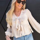 blu pepper Tops - Blouses Floral Eyelet Embroidery Front Tie Long Sleeve Top In Ivory