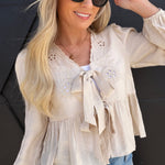 blu pepper Tops - Blouses Floral Eyelet Embroidery Front Tie Long Sleeve Top In Ivory
