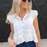 blu pepper Tops - Blouses Lightweight Ruffle Trim Button Down Blouse In White