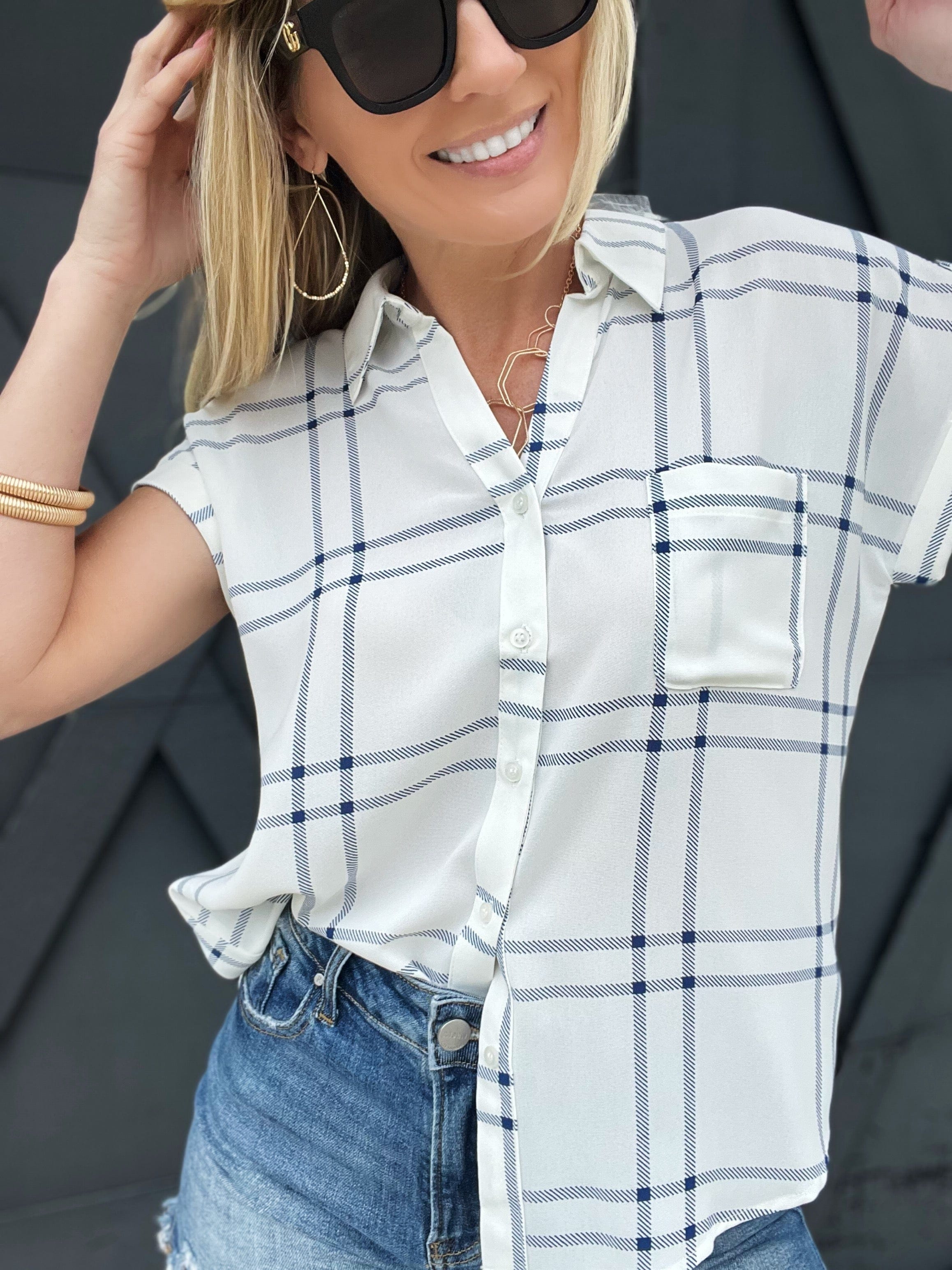 blu pepper Tops - Blouses Plaid Button Down Blouse In Blue