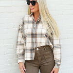 Plaid Button Down Boxy Top In Khaki Multi - Infinity Raine