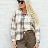 Plaid Button Down Boxy Top In Khaki Multi - Infinity Raine