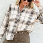 Plaid Button Down Boxy Top In Khaki Multi - Infinity Raine