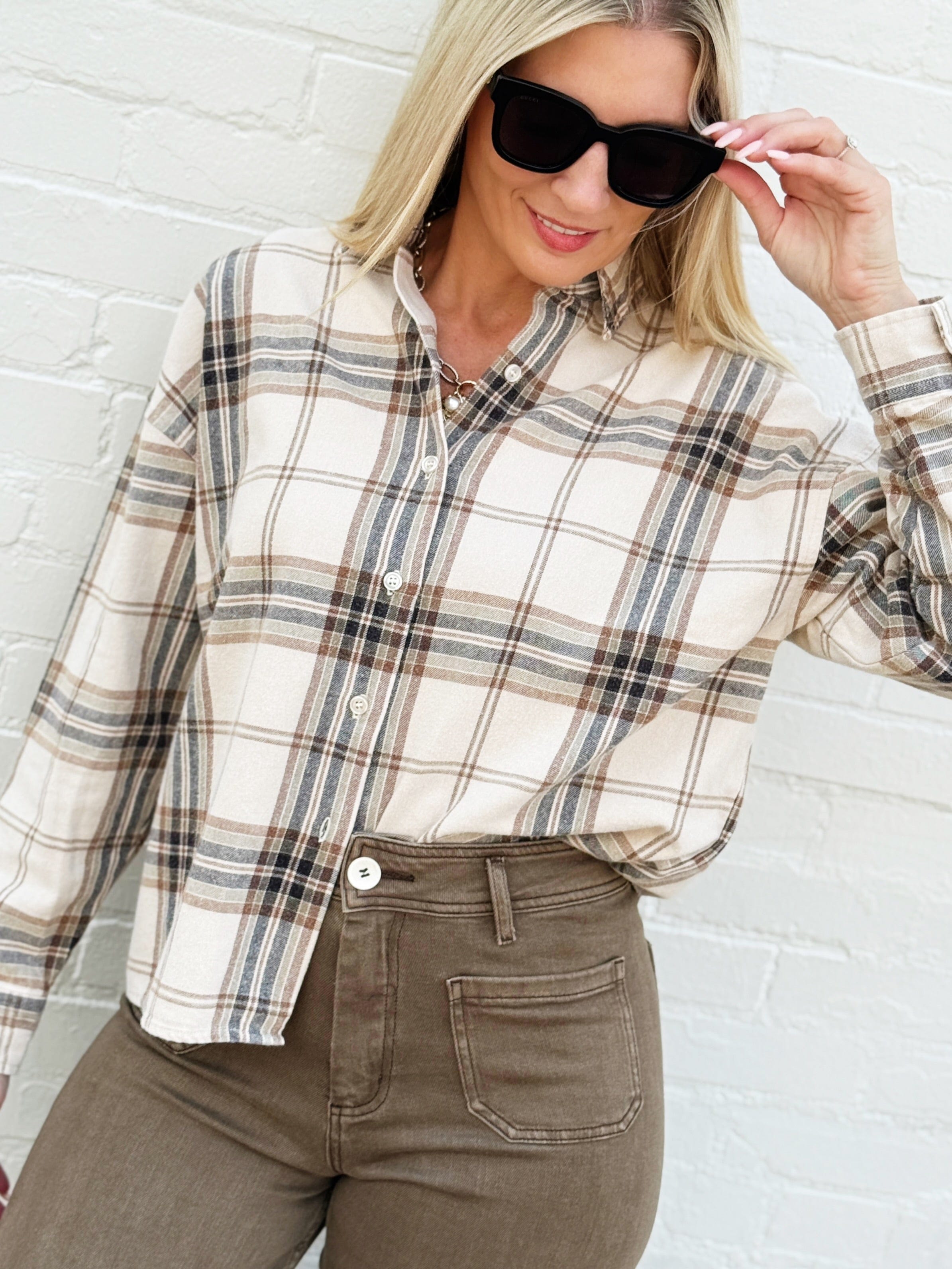 Plaid Button Down Boxy Top In Khaki Multi - Infinity Raine