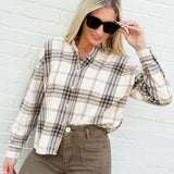 Plaid Button Down Boxy Top In Khaki Multi - Infinity Raine
