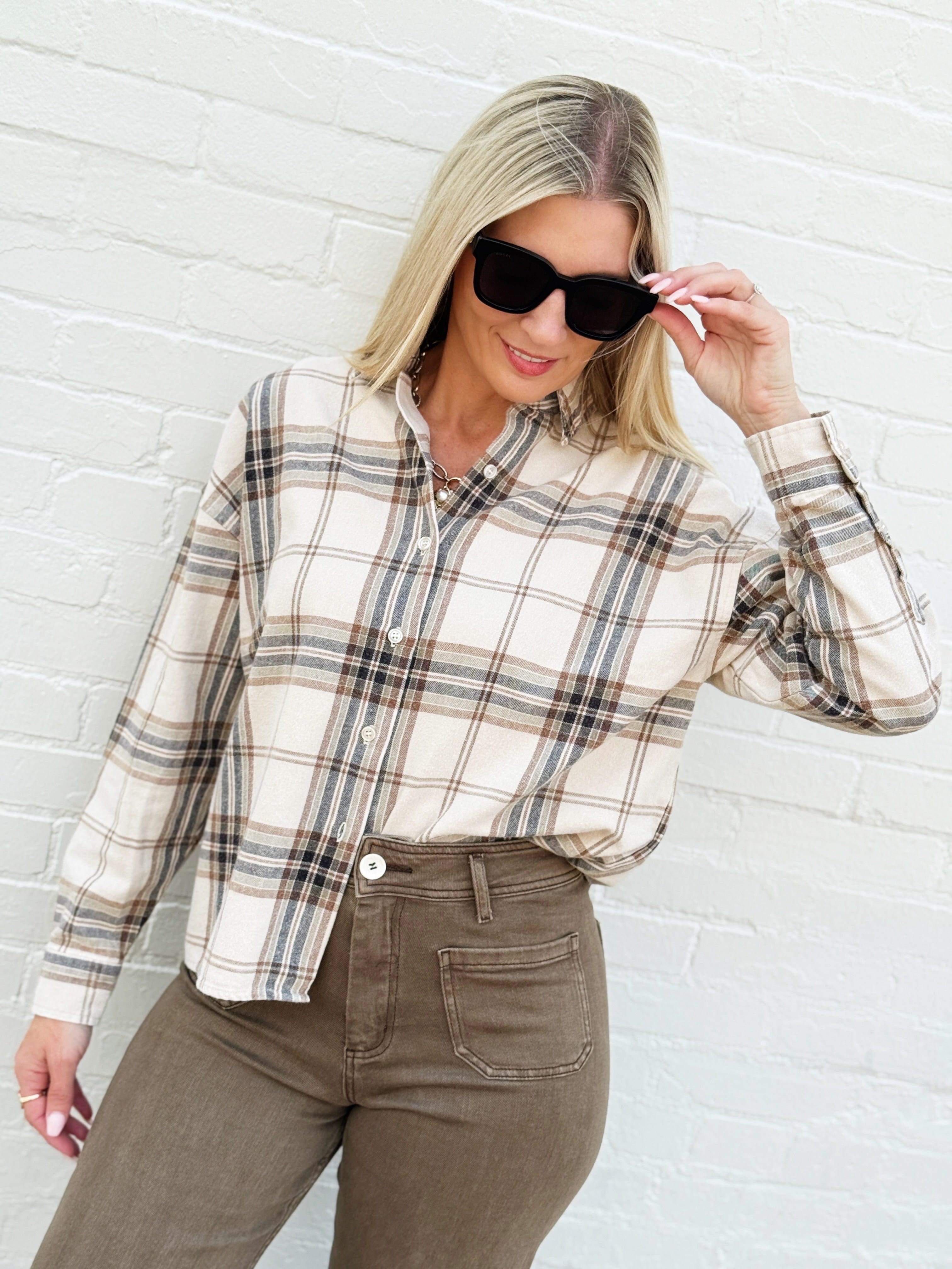 Plaid Button Down Boxy Top In Khaki Multi - Infinity Raine