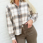 Plaid Button Down Boxy Top In Khaki Multi - Infinity Raine