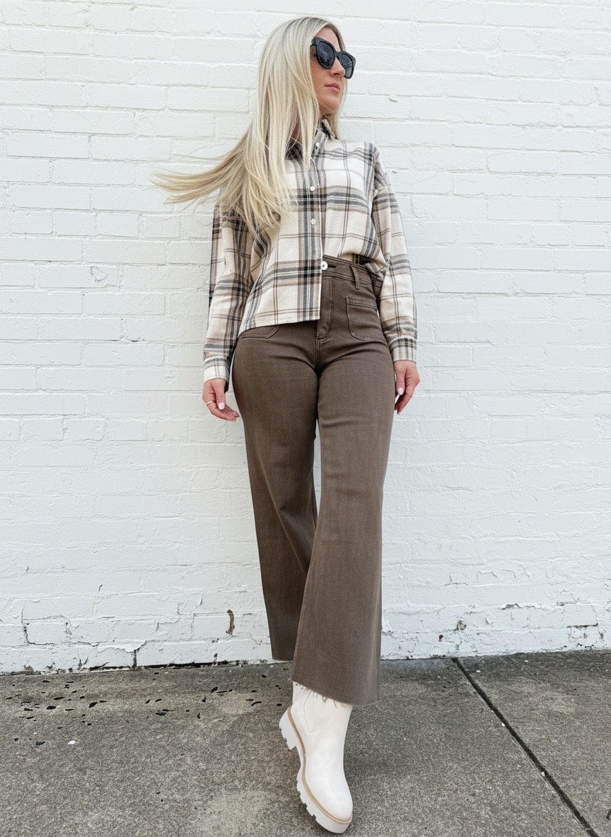 Plaid Button Down Boxy Top In Khaki Multi - Infinity Raine