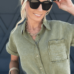 Raw Edge Button Top In Dark Olive - Infinity Raine