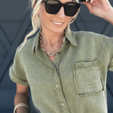 Raw Edge Button Top In Dark Olive - Infinity Raine