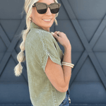 Raw Edge Button Top In Dark Olive - Infinity Raine