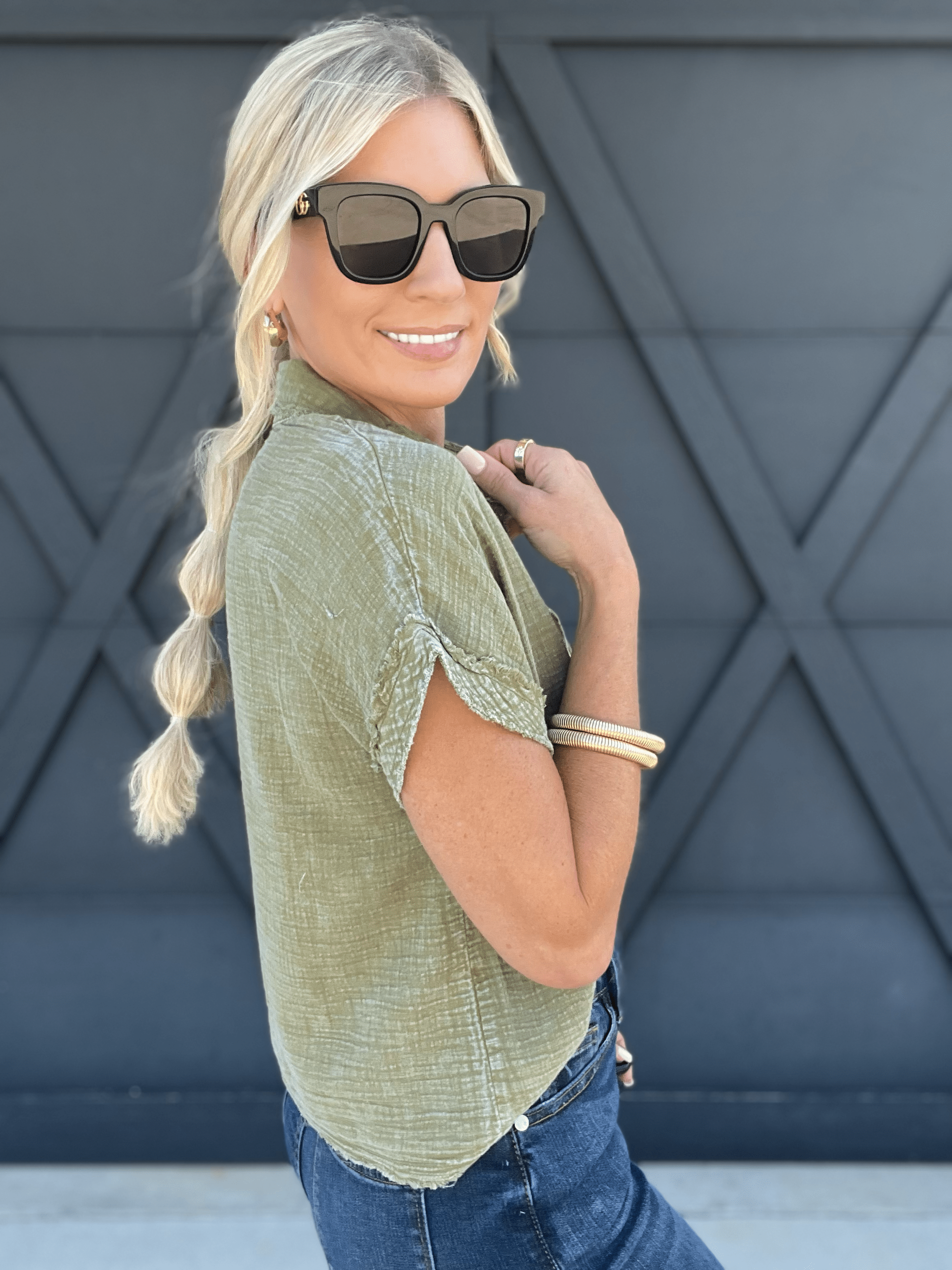 Raw Edge Button Top In Dark Olive - Infinity Raine