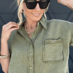 Raw Edge Button Top In Dark Olive - Infinity Raine