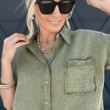 Raw Edge Button Top In Dark Olive - Infinity Raine