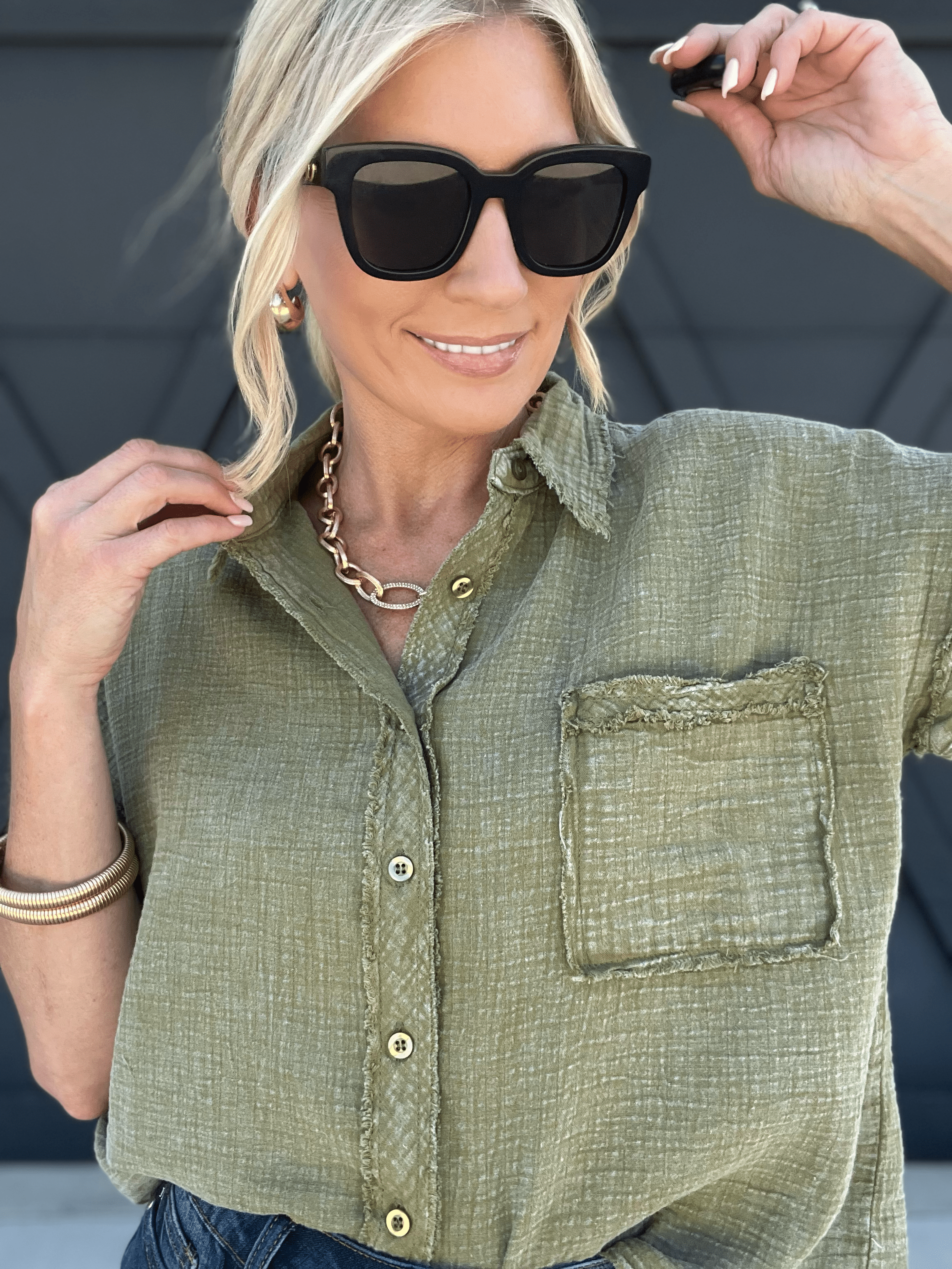 Raw Edge Button Top In Dark Olive - Infinity Raine