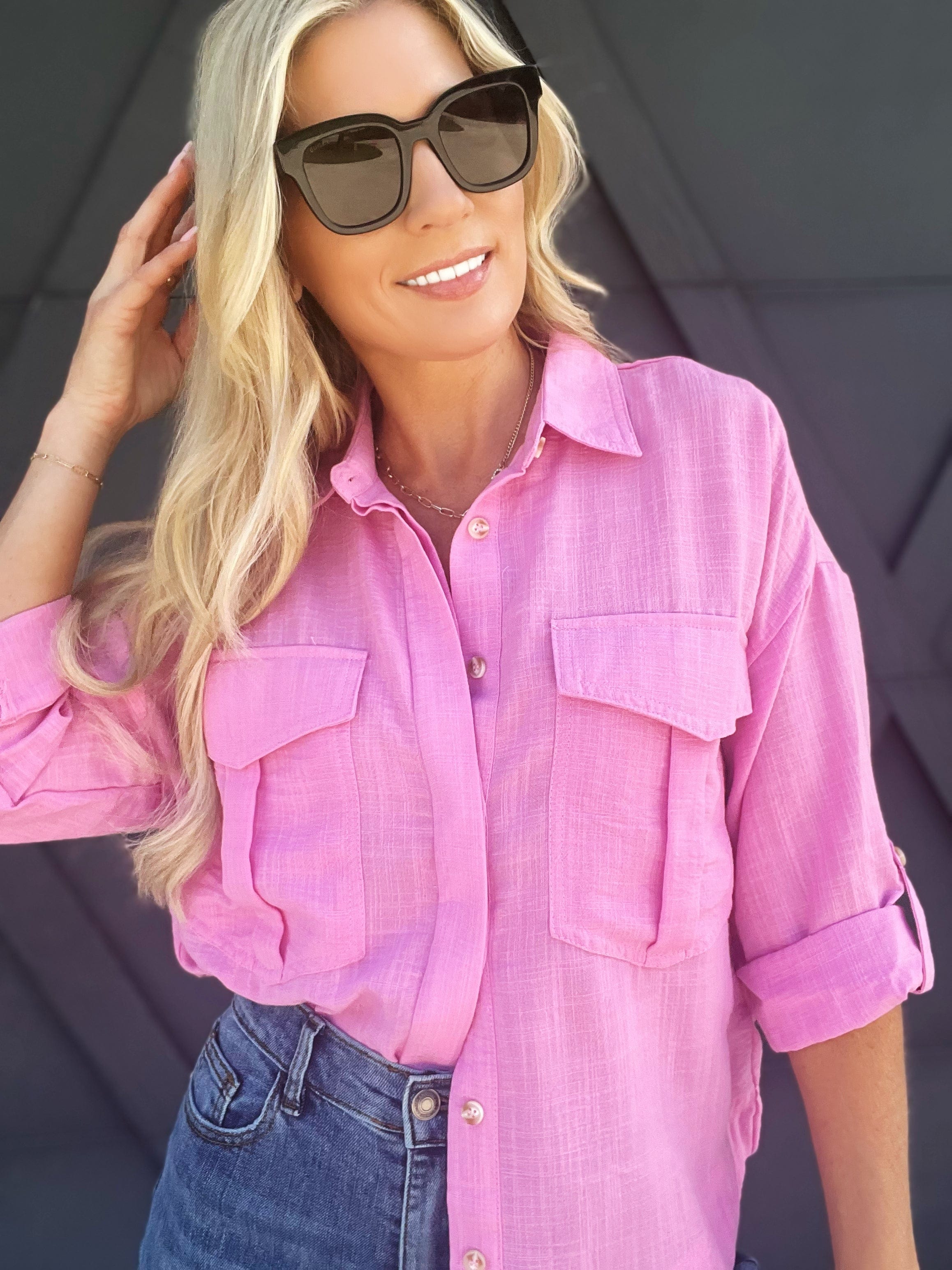 blu pepper Tops - Blouses Roll Up Tab Sleeve Button Shirt In Pink