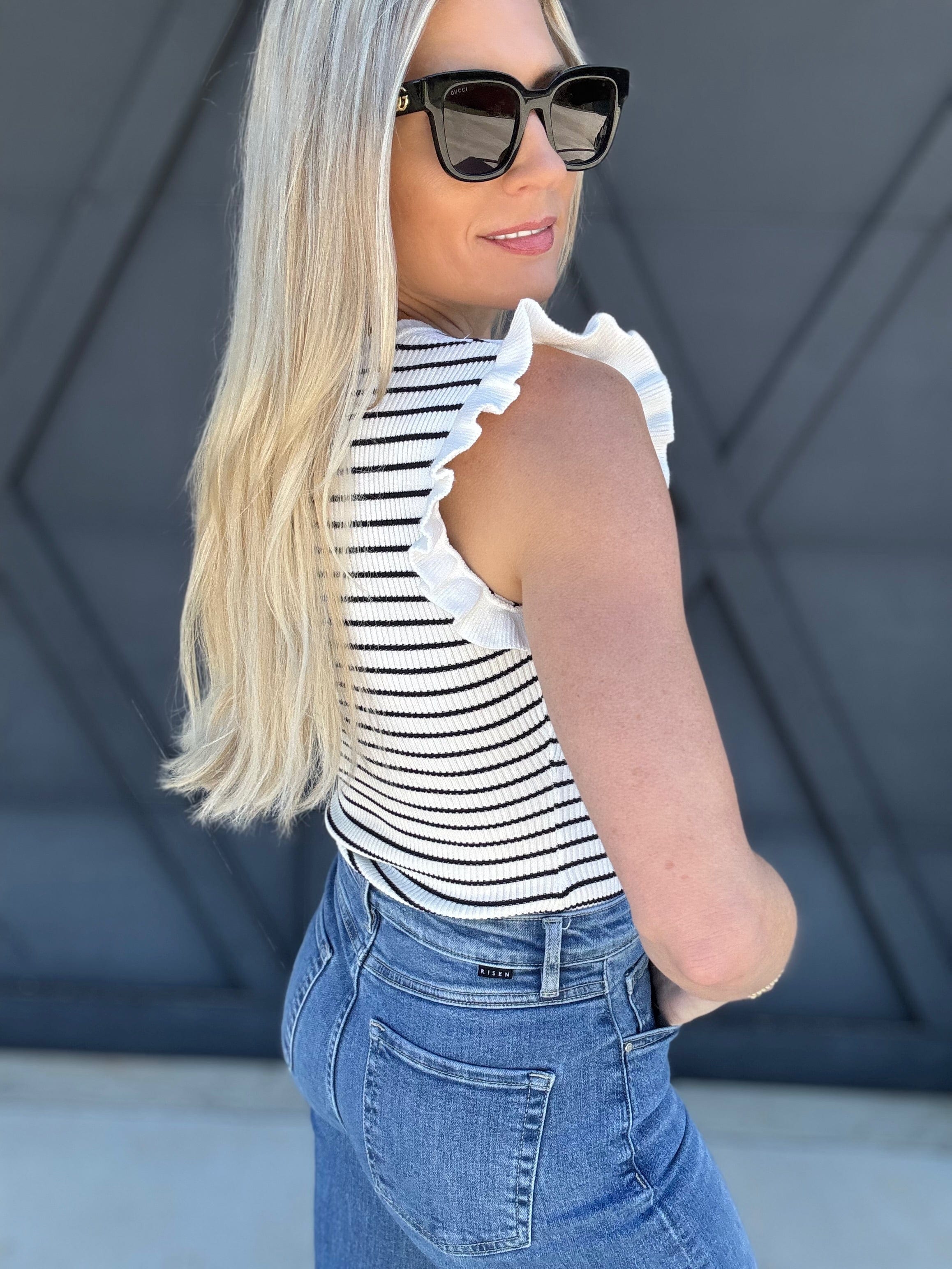 blu pepper Tops - Blouses Sleeveless Ruffle Stripe Sweater Top In Ivory