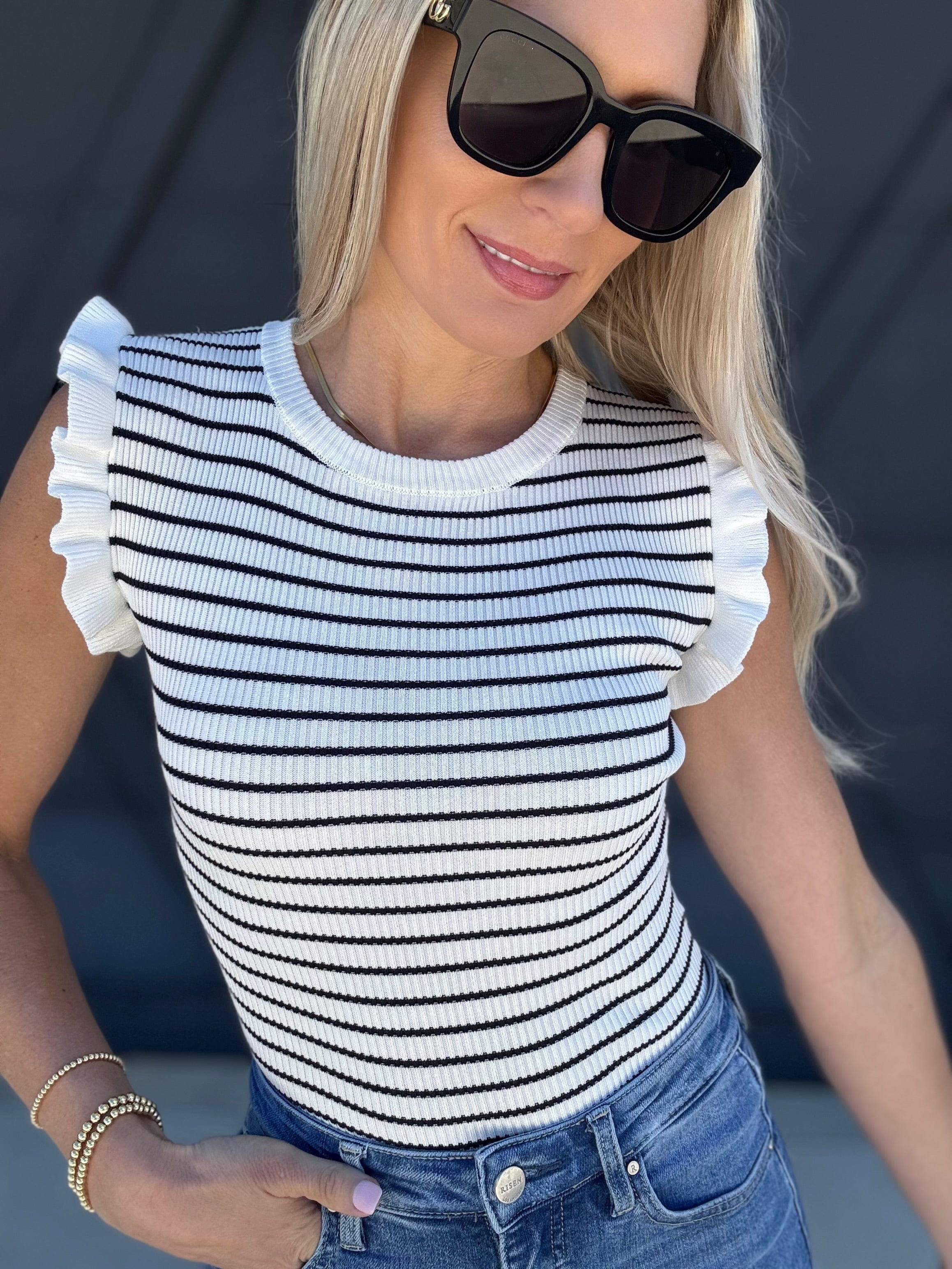 blu pepper Tops - Blouses Sleeveless Ruffle Stripe Sweater Top In Ivory