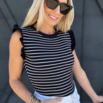 Sleeveless Ruffle Stripe Sweater Top In Navy - Infinity Raine