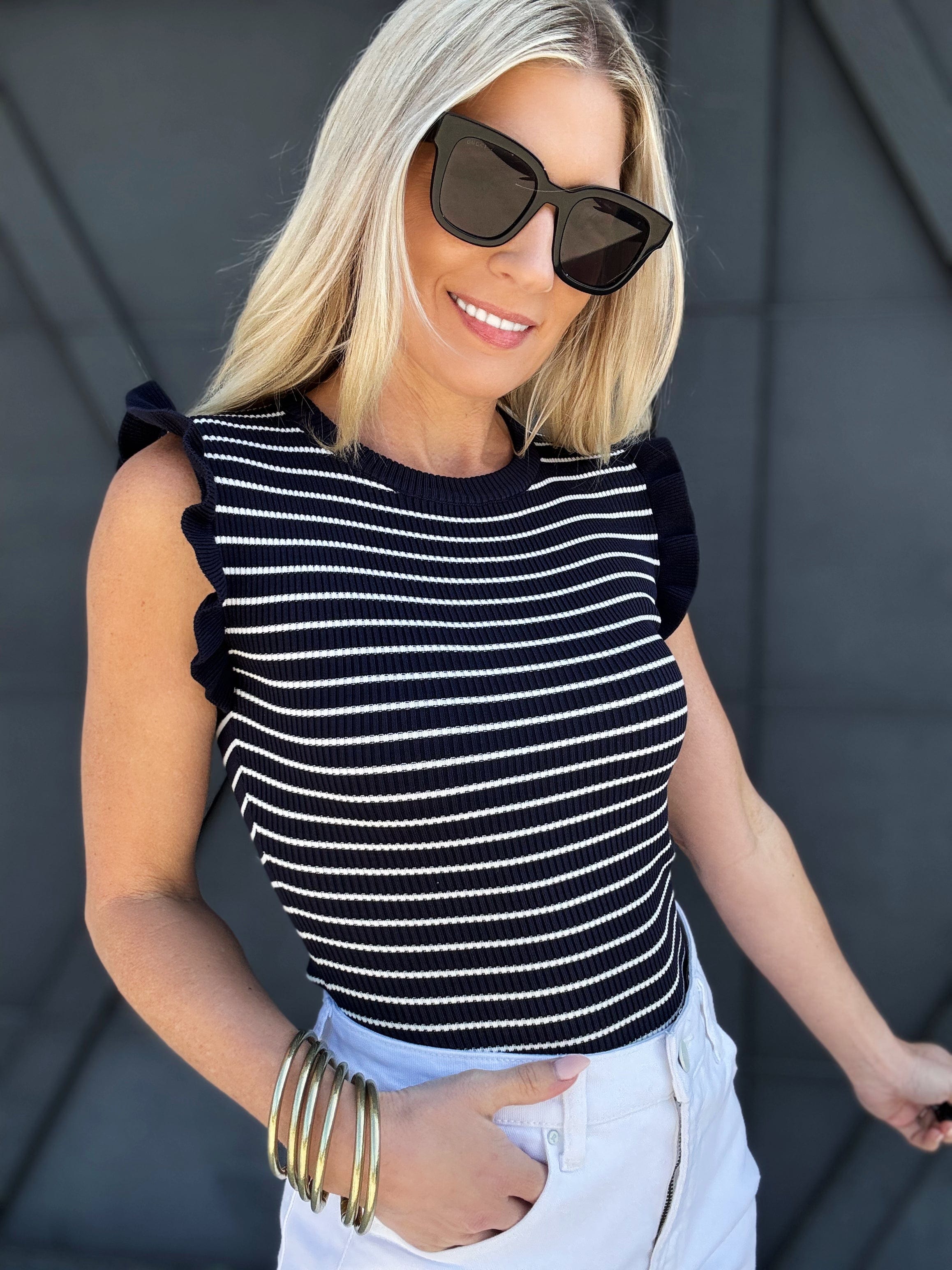 Sleeveless Ruffle Stripe Sweater Top In Navy - Infinity Raine