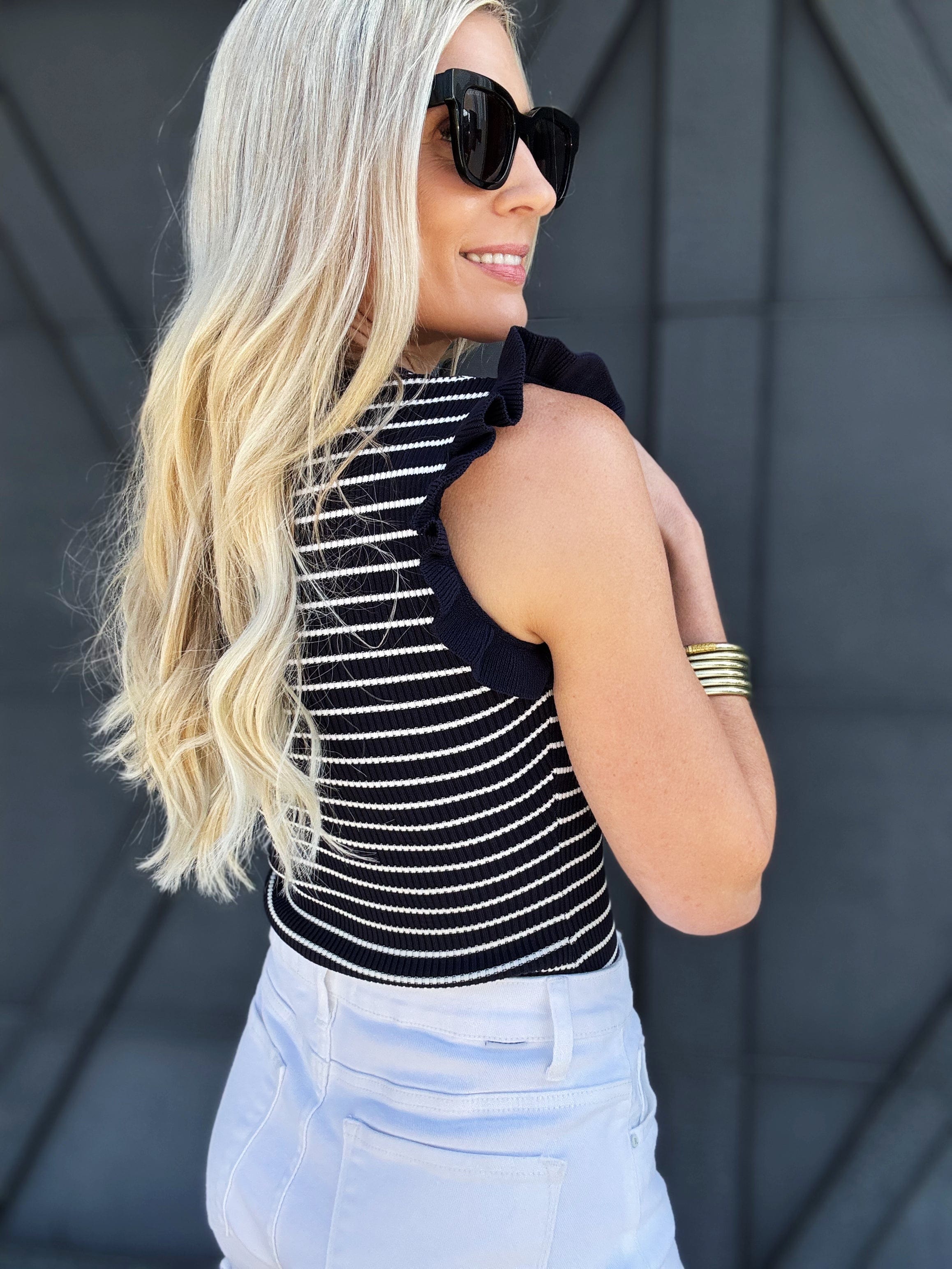 Sleeveless Ruffle Stripe Sweater Top In Navy - Infinity Raine