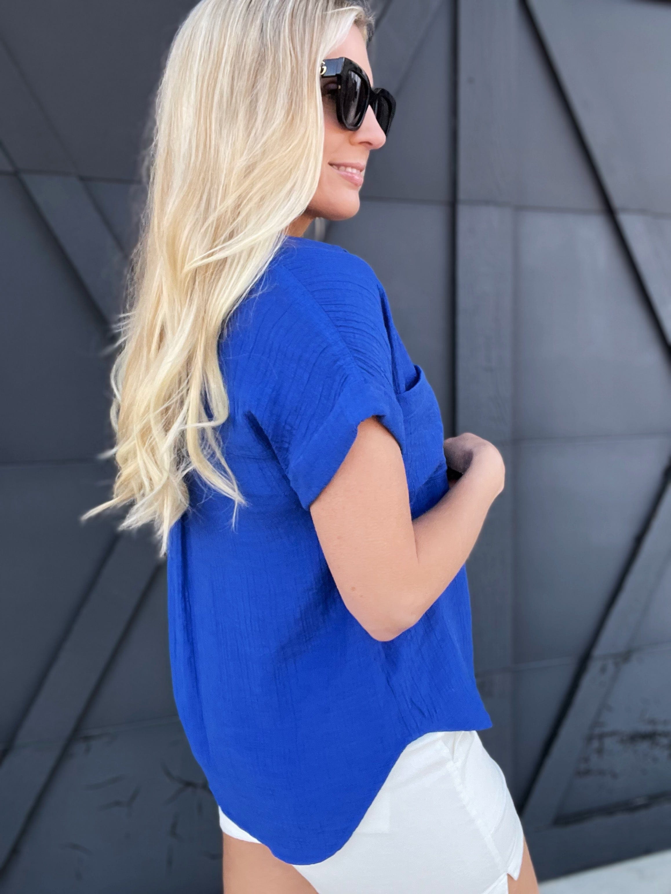 Solid Fold Sleeve Button Down In Royal Blue - Infinity Raine