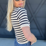 blu pepper Tops - Blouses Stripe Collared Polo Sweater Top In Light Khaki