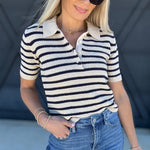 blu pepper Tops - Blouses Stripe Collared Polo Sweater Top In Light Khaki