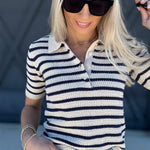blu pepper Tops - Blouses Stripe Collared Polo Sweater Top In Light Khaki