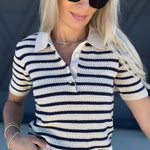 blu pepper Tops - Blouses Stripe Collared Polo Sweater Top In Light Khaki