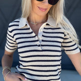 blu pepper Tops - Blouses Stripe Collared Polo Sweater Top In Light Khaki