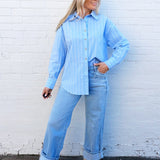 blu pepper Tops - Blouses Stripe Oversized Collared Long Sleeve Shirt In Light Blue