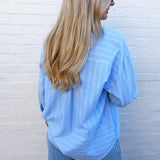 blu pepper Tops - Blouses Stripe Oversized Collared Long Sleeve Shirt In Light Blue