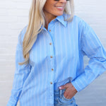 blu pepper Tops - Blouses Stripe Oversized Collared Long Sleeve Shirt In Light Blue