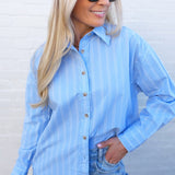 blu pepper Tops - Blouses Stripe Oversized Collared Long Sleeve Shirt In Light Blue